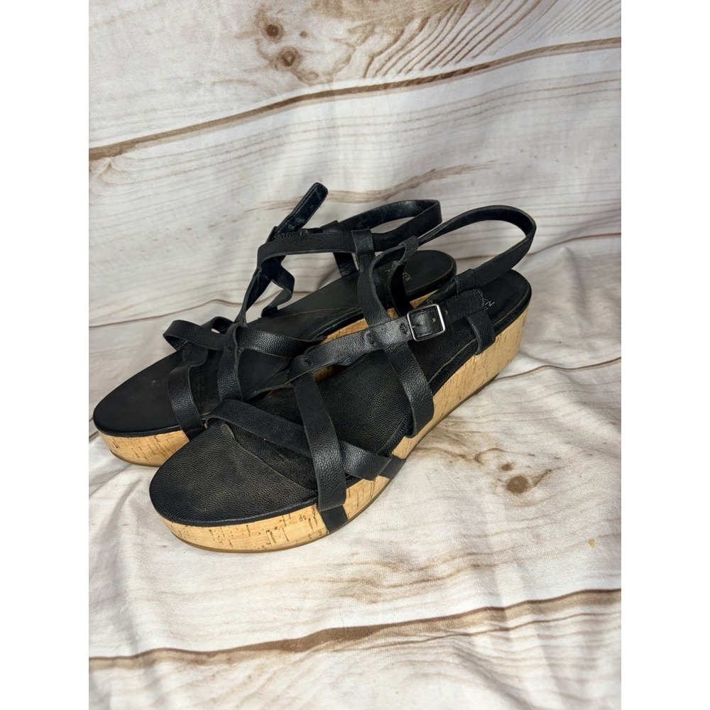 Eileen Fisher Black Leather Strappy Cork Wedge Sandals Size‎ 10 Gladiator